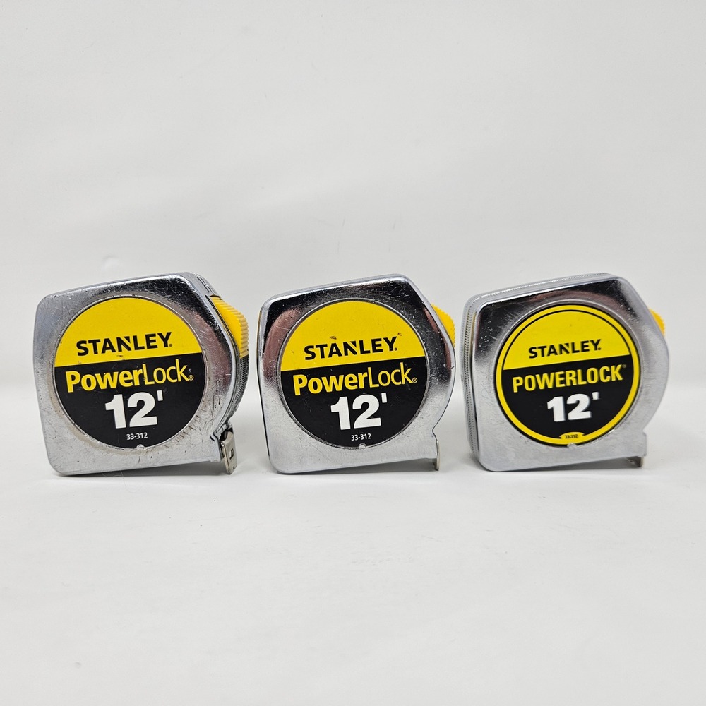 Lot of 3 Stanley PowerLock 12 ft Tape Measures Chrome 33-312 Yellow Blade